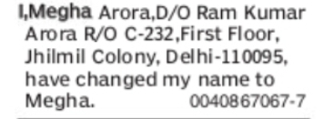 Name Change Notice – Megha Arora to Megha