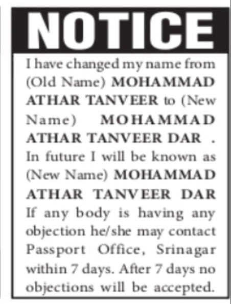 Name Change Notice – Mohammad Athar Tanveer Dar