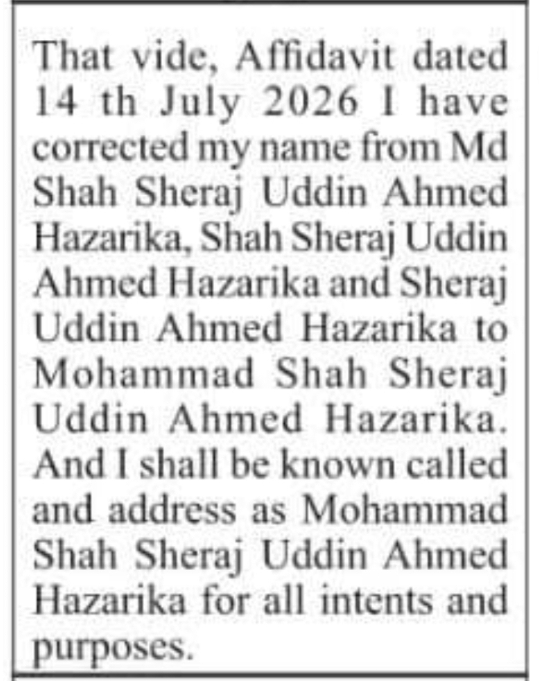 Name Change Notice – Mohammad Shah Sheraj Uddin Ahmed Hazarika