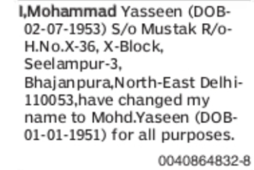 Name Change Notice – Mohammad Yasseen to Mohd. Yaseen