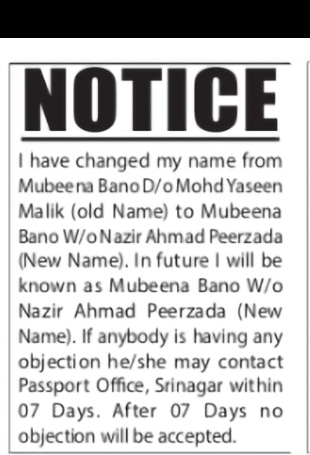 Name Change Notice – Mubeena Bano Peerzada