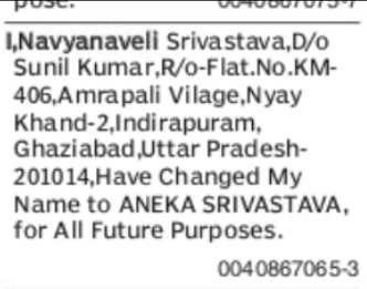 Name Change Notice – Navyanaveli Srivastava to Aneka Srivastava