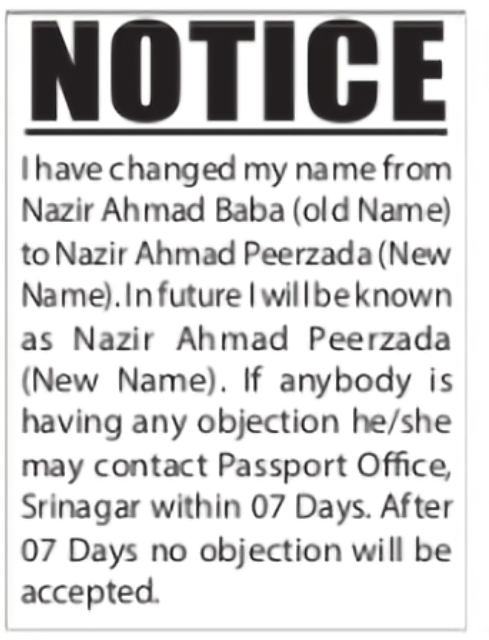 Name Change Notice – Nazir Ahmad Peerzada