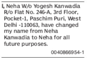 Name Change Notice – Neha Kanwadia to Neha