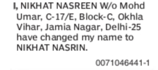 Name Change Notice – Nikhat Nasreen to Nikhat Nasrin