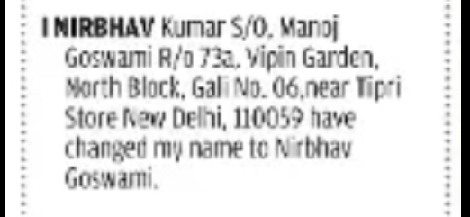 Name Change Notice – Nirbhav Kumar Goswami