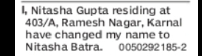 Name Change Notice: Nitasha Batra