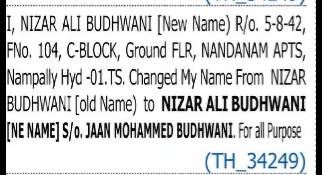 Name Change Notice – Nizar Ali Budhwani