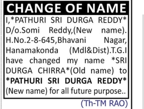 Name Change Notice – Pathuri Sri Durga Reddy