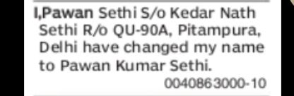 Name Change Notice: Pawan Kumar Sethi