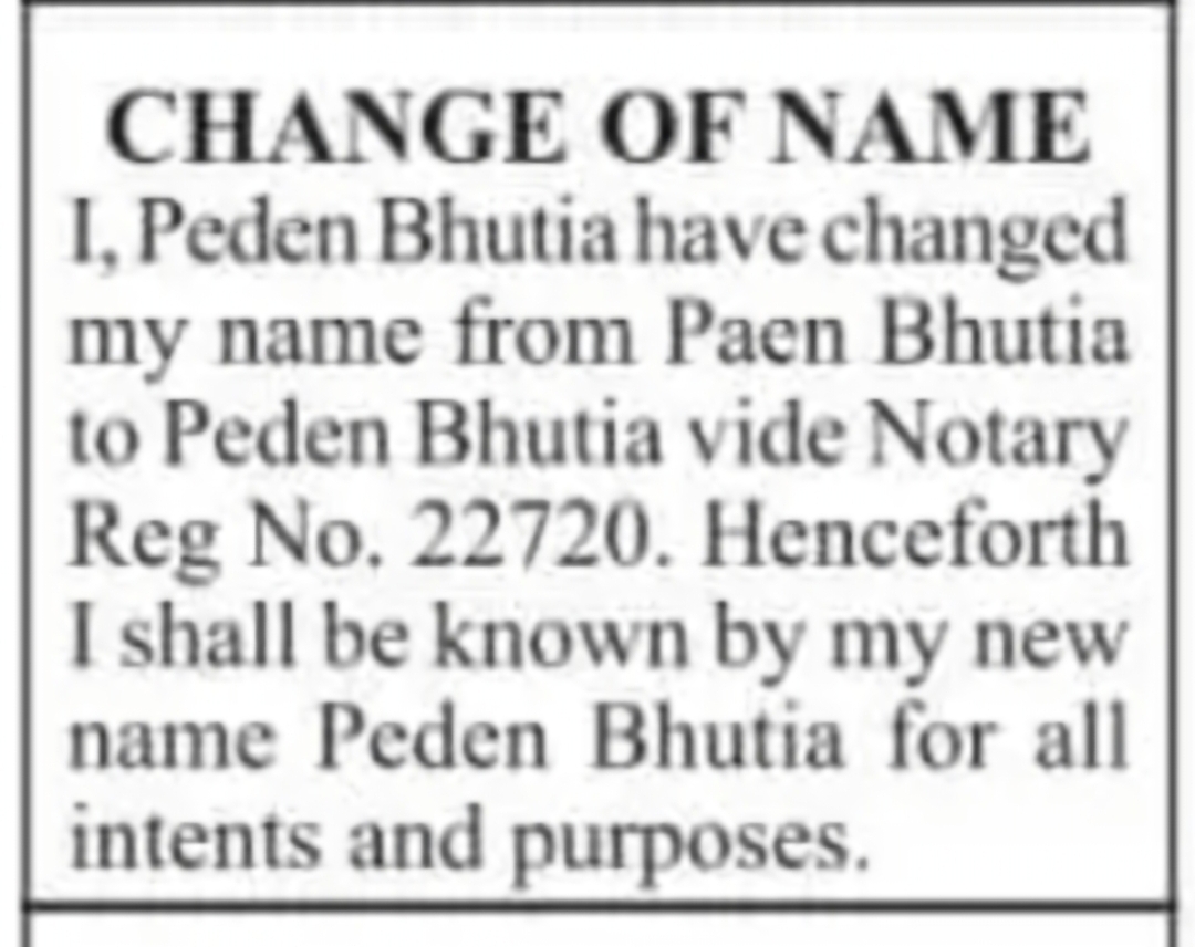 Name Change Notice – Peden Bhutia