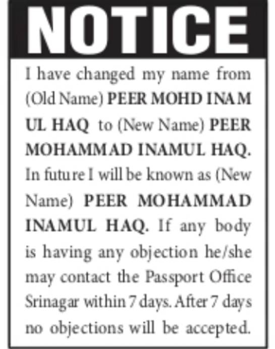 Name Change Notice – Peer Mohammad Inamul Haq