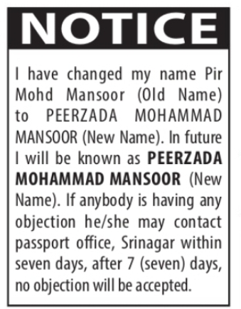 Name Change Notice – Pir Mohd Mansoor to Peerzada Mohammad Mansoor