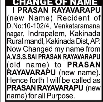 Name Change Notice – Prasan Rayavarapu