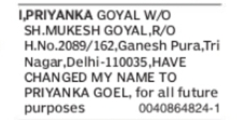 Name Change Notice – Priyanka Goyal to Priyanka Goel
