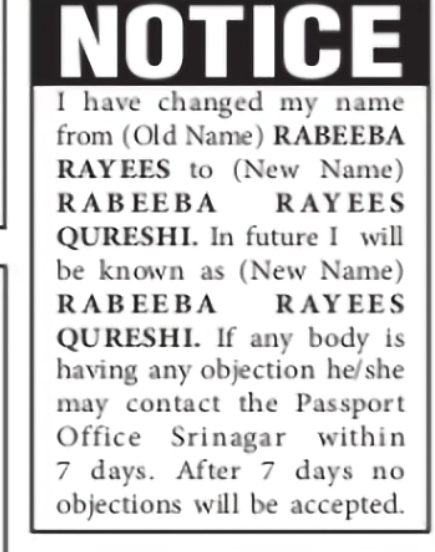 Name Change Notice – Rabeeba Rayees Qureshi