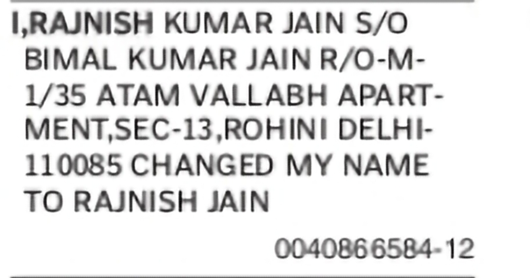 Name Change Notice – Rajnish Kumar Jain to Rajnish Jain