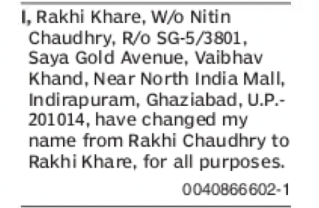 Name Change Notice – Rakhi Chaudhry to Rakhi Khare