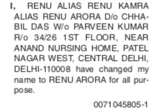 Name Change Notice – Renu Arora