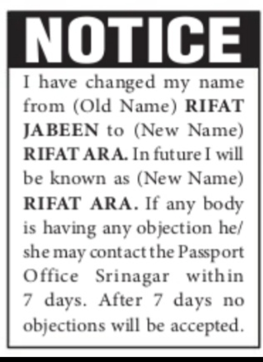 Name Change Notice – Rifat Jabeen to Rifat Ara