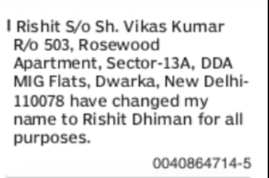 Name Change Notice – Rishit to Rishit Dhiman
