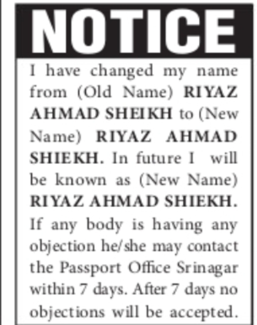 Name Change Notice – Riyaz Ahmad Shiekh