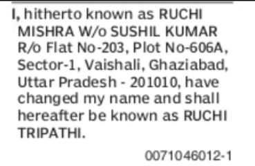 Name Change Notice – Ruchi Mishra to Ruchi Tripathi