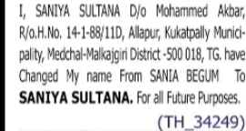 Name Change Notice – Sania Begum to Saniya Sultana