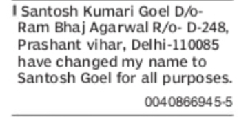Name Change Notice – Santosh Kumari Goel to Santosh Goel