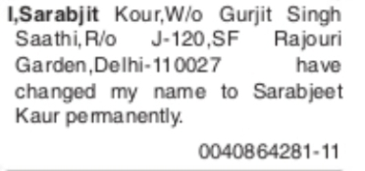 Name Change Notice – Sarabjit Kour to Sarabjeet Kaur