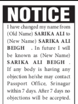 Name Change Notice – Sarika Ali Beigh