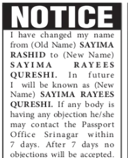 Name Change Notice – Sayima Rayees Qureshi