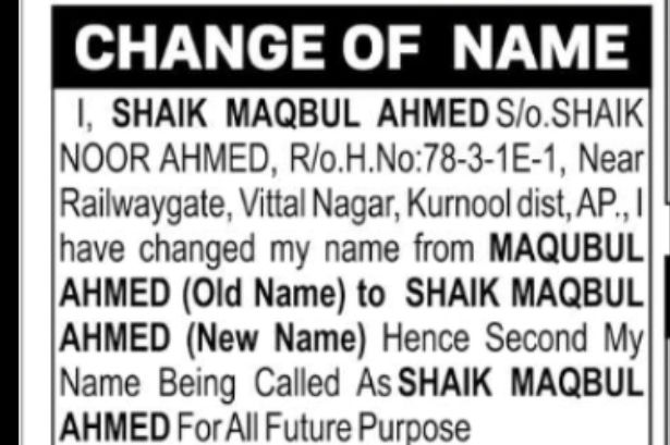 Name Change Notice – Shaik Maqbul Ahmed