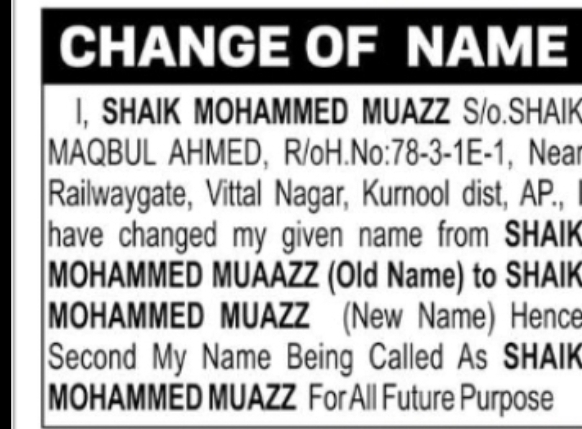 Name Change Notice – Shaik Mohammed Muazz