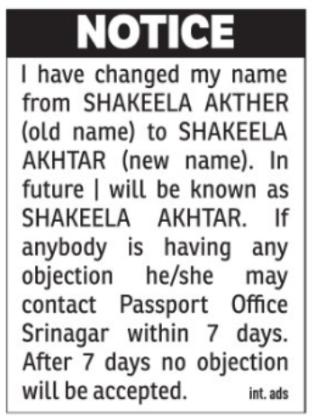 Name Change Notice – Shakeela Akther to Shakeela Akhtar