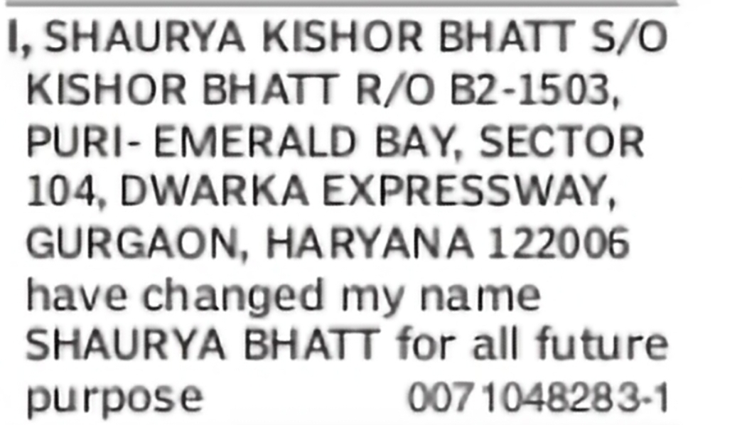 Name Change Notice – Shaurya Kishor Bhatt to Shaurya Bhatt