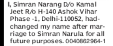 Name Change Notice: Simran Narula (Marriage Name Update)