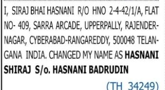 Name Change Notice – Siraje Bhai Hasnani to Hasnani Shiraj