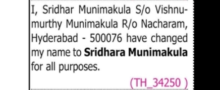 Name Change Notice – Sridhara Munimakula