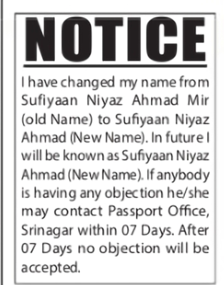 Name Change Notice – Sufiyaan Niyaz Ahmad