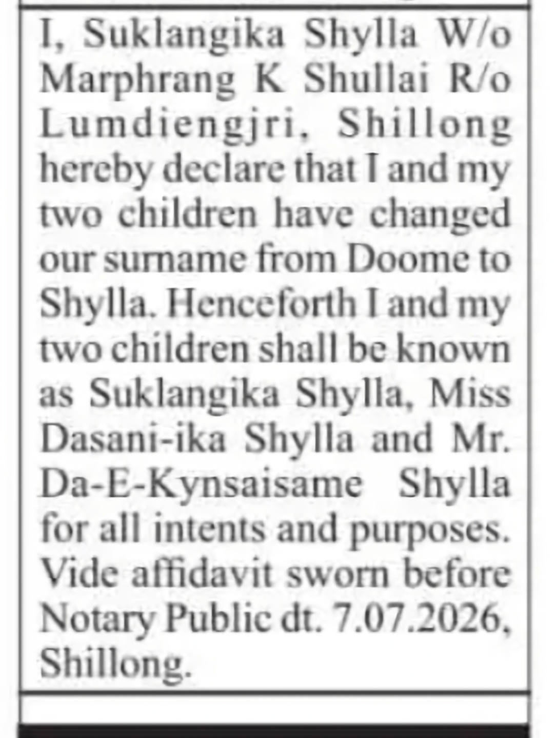 Name Change Notice – Suklangika Shylla & Children