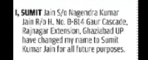 Name Change Notice – Sumit Kumar Jain
