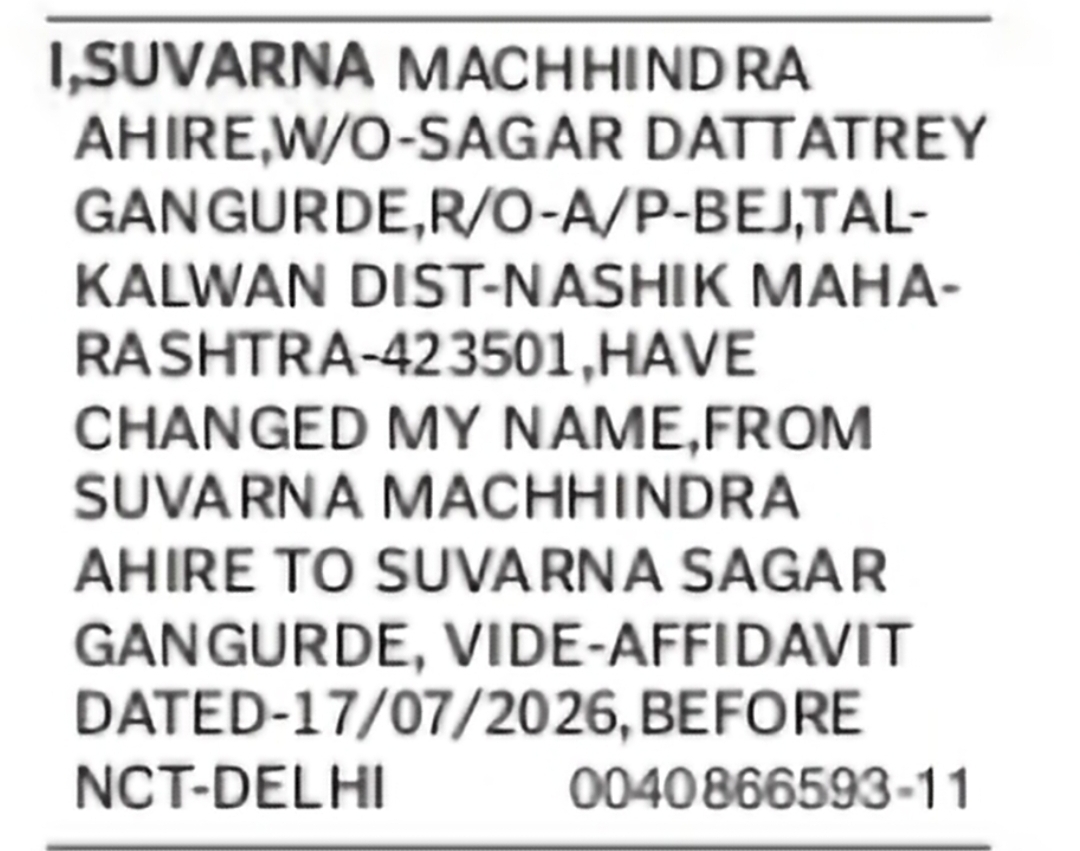 Name Change Notice – Suvarna Machhindra Ahire to Suvarna Sagar Gangurde