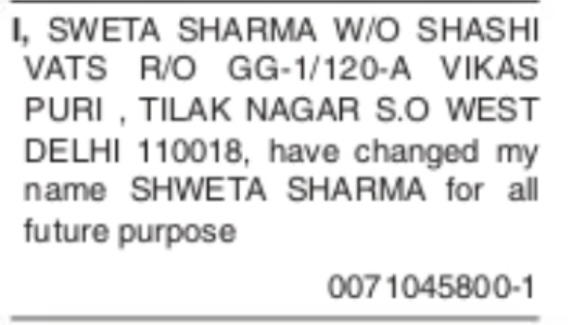 Name Change Notice – Sweta Sharma to Shweta Sharma