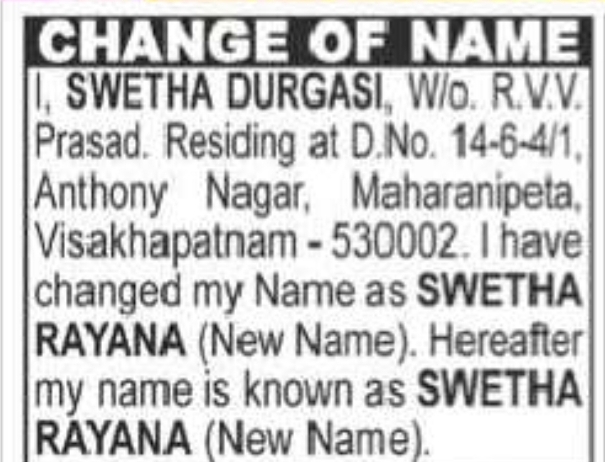 Name Change Notice – Swetha Durgasi to Swetha Rayana