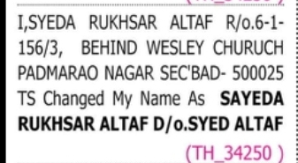 NAME CHANGE NOTICE – Syeda Rukhsar Altaf