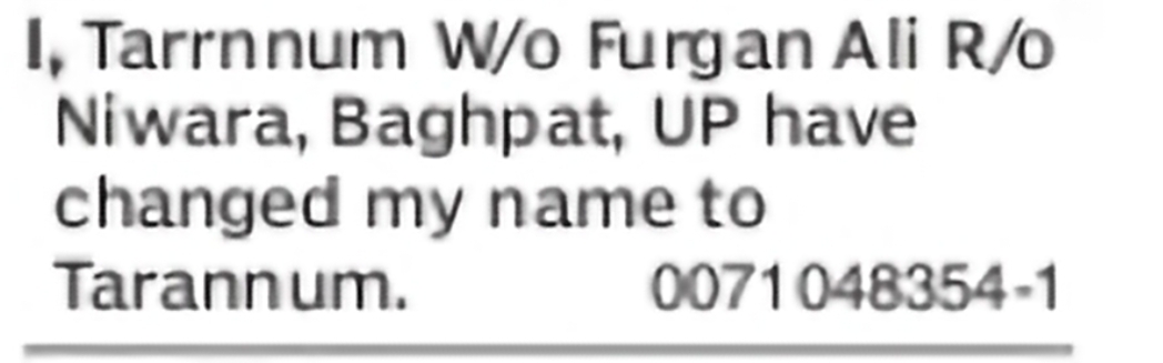 Name Change Notice – Tarrnnum to Tarannum