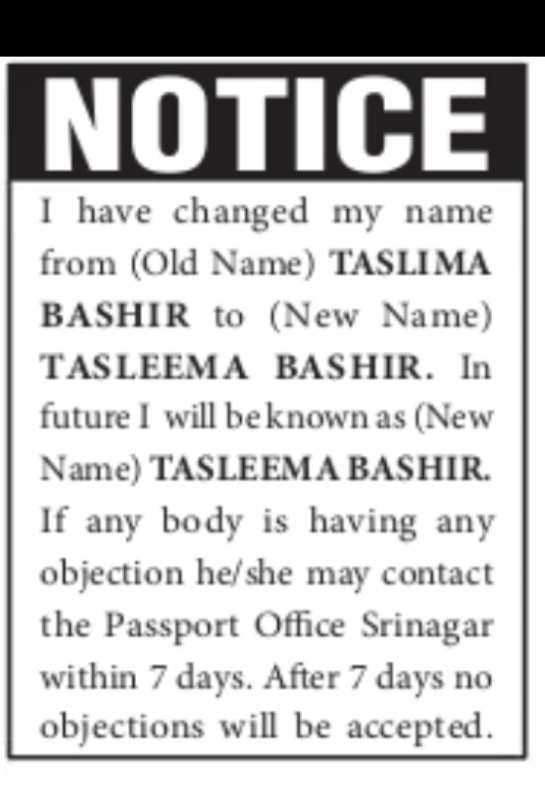 Name Change Notice – Tasleema Bashir