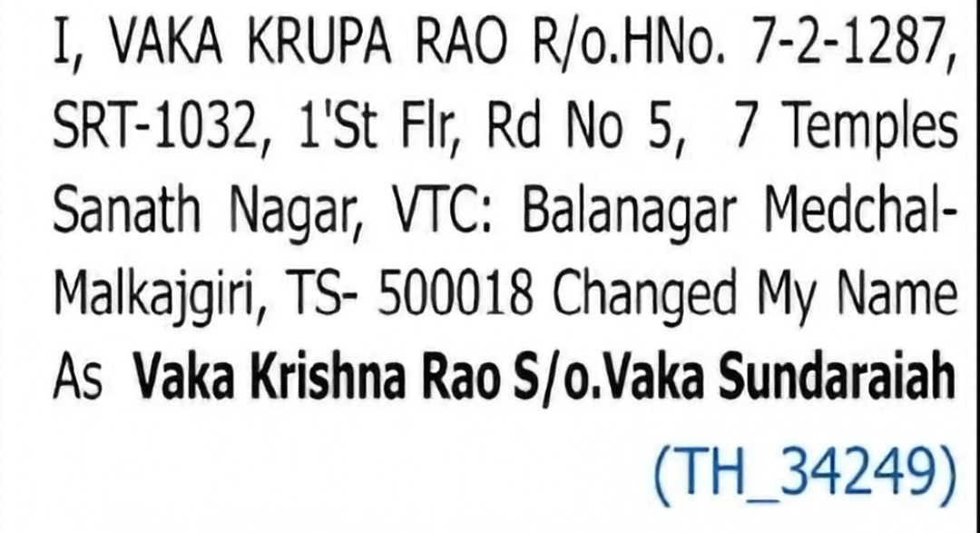 Name Change Notice – Vaka Krupa Rao to Vaka Krishna Rao