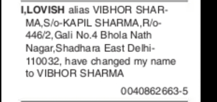 Name Change Notice – Vibhor Sharma